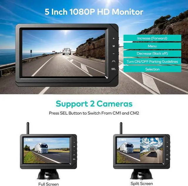 Alt view image 3 of 7 - Backup Camera for RV, Split Screen 5 Inch HD Monitor W/Wireless License Plate Backup Camera & Wireless Rear View Camera, IR Night Vision Waterproof For Trailer, 5th Wheel
