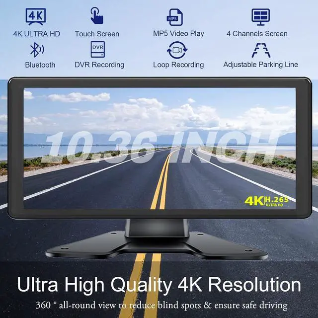 Alt view image 2 of 7 - 4K RV Backup Camera System 10.36" Quad Split Touch Screen Monitor with 4 1080P Rear Side View Camera, DVR Recording Bluetooth MP3 MP5 IP69 Waterproof Night Vision for RV Truck Trailer Tractor