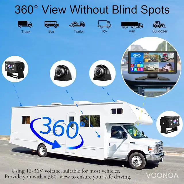Alt view image 4 of 7 - 4K RV Backup Camera System 10.36" Quad Split Touch Screen Monitor with 4 1080P Rear Side View Camera, DVR Recording Bluetooth MP3 MP5 IP69 Waterproof Night Vision for RV Truck Trailer Tractor
