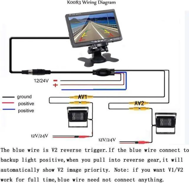 Alt view image 6 of 7 - Camecho DC 12V 24V Vehicle Backup Camera System 2 x Rear View Camera Support Night Vision Waterpoof & 7" Monitor with Dual 34ft AV Cables Hardwire for Bus Truck Van Trailer RV Campers