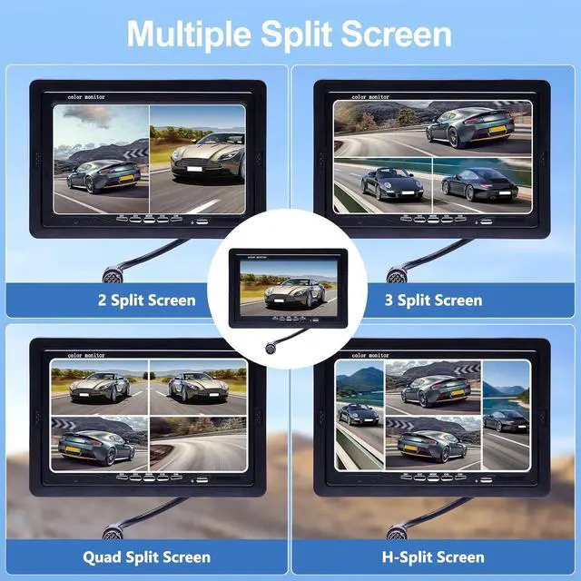 Alt view image 3 of 7 - Camecho Vehicle Backup Camera 4 Split Monitor Front View Rear View Camera Auto 18 IR Night Vision Waterproof Aviation 4 Pins Connector LCD Monitor for Trucks RV Trailer Bus