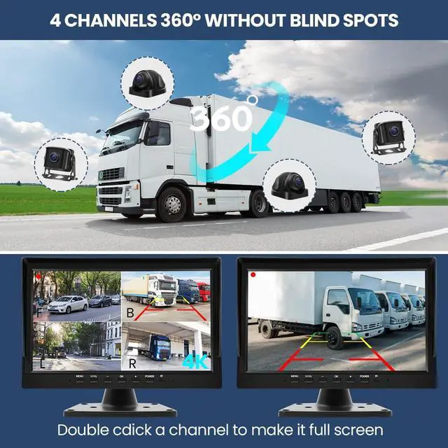 Alt view image 2 of 7 - Wired Backup Camera System with 10.1 IPS Monitor for Truck RV Trailer Bus, Rear View Camera, with Side Front View Camera, 4 Split Screen, Super Waterproof, Night Vision, Easy Installation AHD1080P