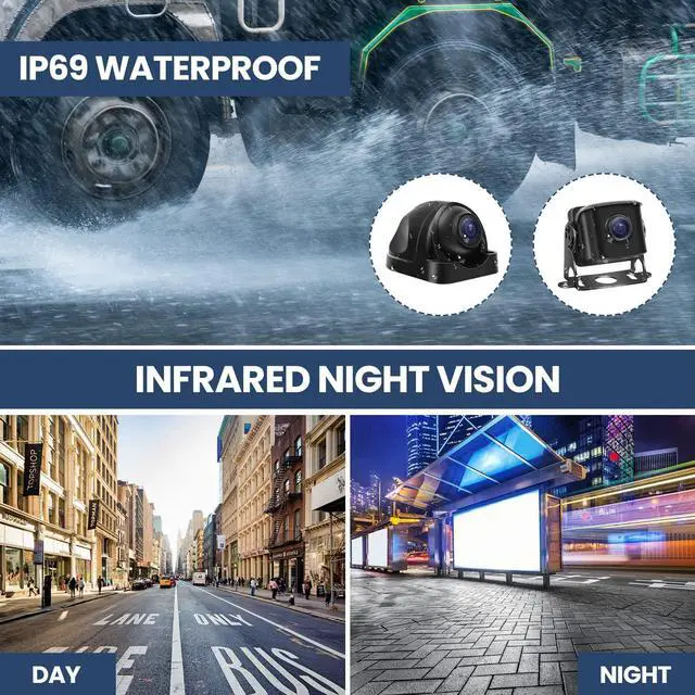 Alt view image 3 of 7 - Wired Backup Camera System with 10.1 IPS Monitor for Truck RV Trailer Bus, Rear View Camera, with Side Front View Camera, 4 Split Screen, Super Waterproof, Night Vision, Easy Installation AHD1080P