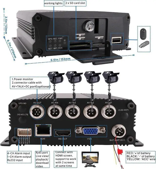 Alt view image 4 of 6 - Gadpiparty JOINLGO 4 Channel 1080P Mobile Vehicle Truck DVR Video Recorder System with Night Vision Waterproof Side Front Rear View Car Camera 10 inches Screen for Fleet/Bus/RV/Van