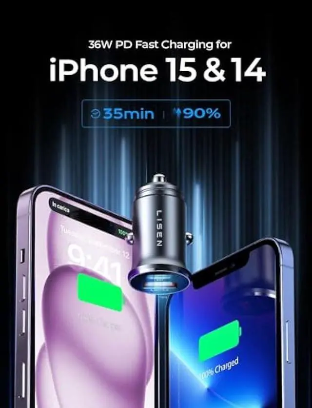 Alt view image 5 of 6 - LISEN 54W USB C Car Charger Adapter [Mini & Metal] Cigarette Lighter USB Charger Fast Charging [PD QC 3.0] USBC Car Phone Charger for iPhone 15 Pro Max Plus 14 Samsung Galaxy S23 iPad Pro