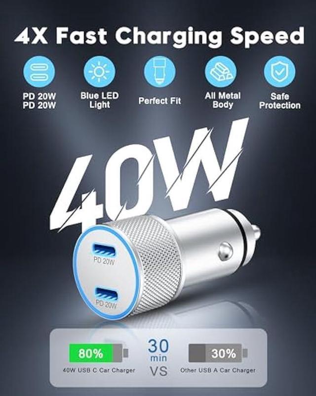 Alt view image 3 of 7 - iPhone 15 Car Charger Fast Charging, 2Pack 40W Dual USB C Power Cigarette Lighter Car Charger Adapter with 6FT Type C to C Cable for iPhone 15/15 Plus/15 Pro Max, iPad Pro, Pixel 8/7, Galaxy S23/S22