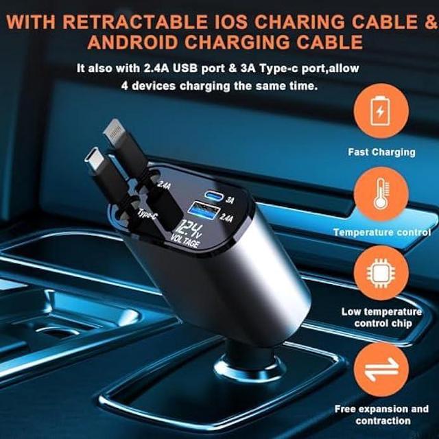 Retractable Car Charger,Retractable Car Phone Charger 100W,2 Retractable  Cables USB Fast Car Charger Adapter,Compatible with iPhone  15/14/13,iPad,Samsung,Great Gift for Lovers and Friends 