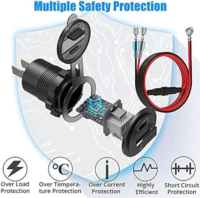 Alt view image 7 of 7 - Cllena USB C PD 3.0 & Quick Charge 3.0 Dual USB Charger Socket, 12V/24V Waterproof Power Outlet Fast Charge with LED Voltmeter and ON/Off Switch for Car Boat Marine RV ATV Bus Truck Golf Cart