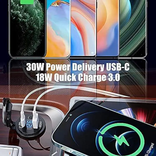 Alt view image 2 of 7 - Cllena USB C PD 3.0 & Quick Charge 3.0 Dual USB Charger Socket, 12V/24V Waterproof Power Outlet Fast Charge with LED Voltmeter and ON/Off Switch for Car Boat Marine RV ATV Bus Truck Golf Cart