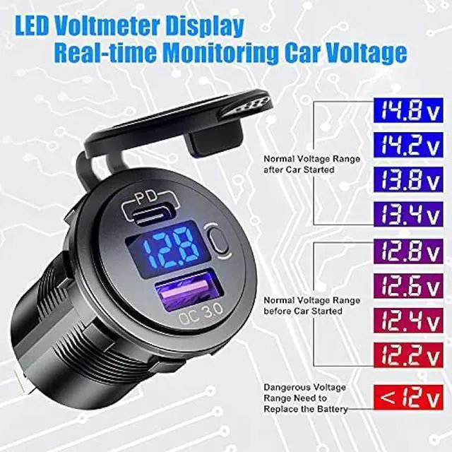 Alt view image 3 of 7 - Cllena USB C PD 3.0 & Quick Charge 3.0 Dual USB Charger Socket, 12V/24V Waterproof Power Outlet Fast Charge with LED Voltmeter and ON/Off Switch for Car Boat Marine RV ATV Bus Truck Golf Cart