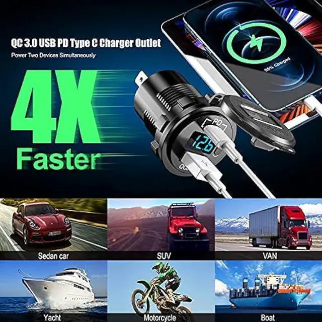 Alt view image 4 of 7 - Cllena USB C PD 3.0 & Quick Charge 3.0 Dual USB Charger Socket, 12V/24V Waterproof Power Outlet Fast Charge with LED Voltmeter and ON/Off Switch for Car Boat Marine RV ATV Bus Truck Golf Cart