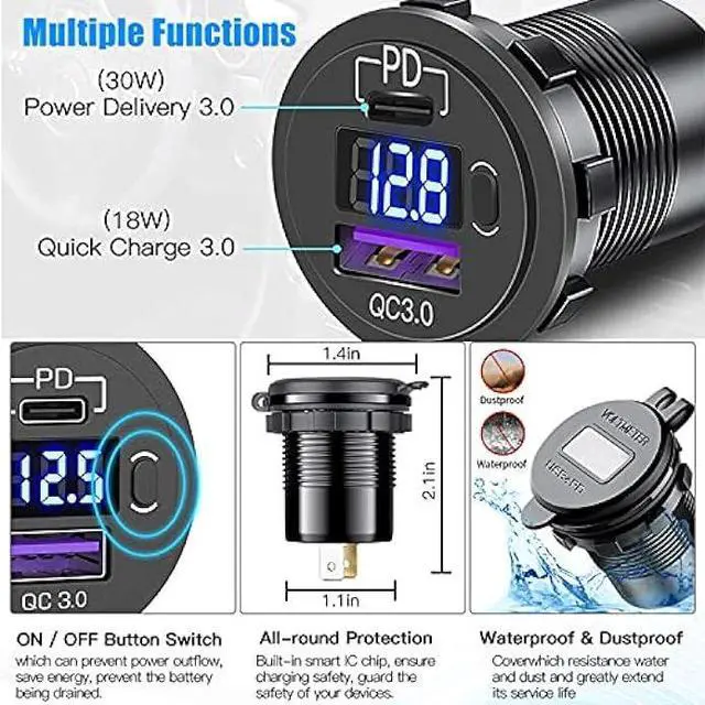 Alt view image 5 of 7 - Cllena USB C PD 3.0 & Quick Charge 3.0 Dual USB Charger Socket, 12V/24V Waterproof Power Outlet Fast Charge with LED Voltmeter and ON/Off Switch for Car Boat Marine RV ATV Bus Truck Golf Cart