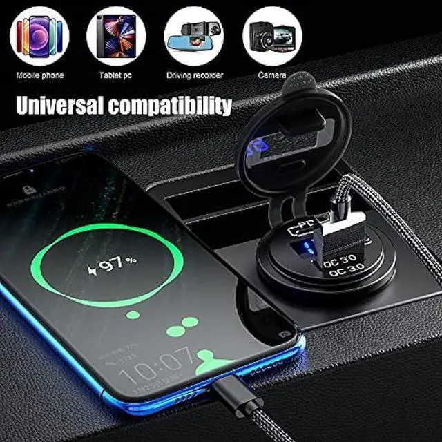 Alt view image 6 of 7 - Cllena USB C PD 3.0 & Quick Charge 3.0 Dual USB Charger Socket, 12V/24V Waterproof Power Outlet Fast Charge with LED Voltmeter and ON/Off Switch for Car Boat Marine RV ATV Bus Truck Golf Cart
