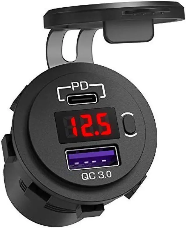 Main image of 12V USB C Car Charger Socket, Ouffun Dual PD & QC 3.0 Ports 12V USB Car Outlet Adapter with Button Switch, lPhone Fast Charger with 23.7 Inches Wire for Car Boat Marine Bus Golf Cart RV Motorcycle