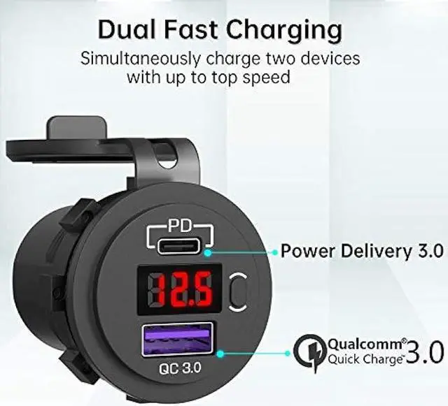 Alt view image 2 of 7 - 12V USB C Car Charger Socket, Ouffun Dual PD & QC 3.0 Ports 12V USB Car Outlet Adapter with Button Switch, lPhone Fast Charger with 23.7 Inches Wire for Car Boat Marine Bus Golf Cart RV Motorcycle