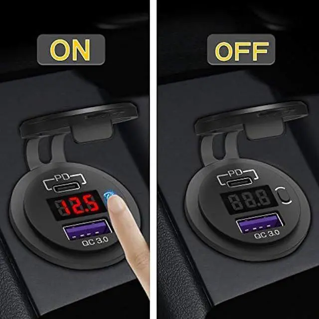 Alt view image 4 of 7 - 12V USB C Car Charger Socket, Ouffun Dual PD & QC 3.0 Ports 12V USB Car Outlet Adapter with Button Switch, lPhone Fast Charger with 23.7 Inches Wire for Car Boat Marine Bus Golf Cart RV Motorcycle