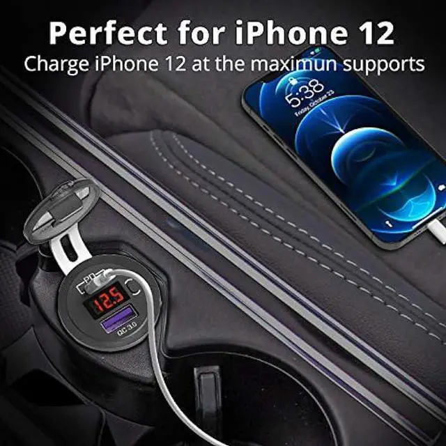 Alt view image 3 of 7 - 12V USB C Car Charger Socket, Ouffun Dual PD & QC 3.0 Ports 12V USB Car Outlet Adapter with Button Switch, lPhone Fast Charger with 23.7 Inches Wire for Car Boat Marine Bus Golf Cart RV Motorcycle