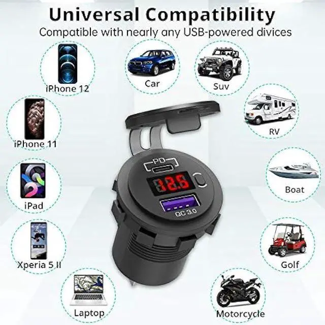 Alt view image 5 of 7 - 12V USB C Car Charger Socket, Ouffun Dual PD & QC 3.0 Ports 12V USB Car Outlet Adapter with Button Switch, lPhone Fast Charger with 23.7 Inches Wire for Car Boat Marine Bus Golf Cart RV Motorcycle