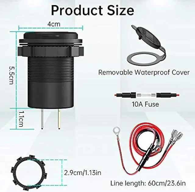 Alt view image 6 of 7 - 12V USB C Car Charger Socket, Ouffun Dual PD & QC 3.0 Ports 12V USB Car Outlet Adapter with Button Switch, lPhone Fast Charger with 23.7 Inches Wire for Car Boat Marine Bus Golf Cart RV Motorcycle