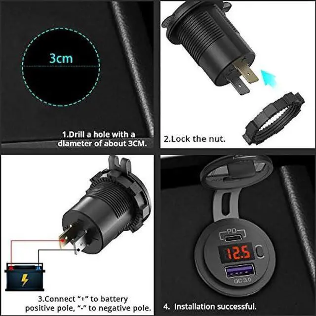 Alt view image 7 of 7 - 12V USB C Car Charger Socket, Ouffun Dual PD & QC 3.0 Ports 12V USB Car Outlet Adapter with Button Switch, lPhone Fast Charger with 23.7 Inches Wire for Car Boat Marine Bus Golf Cart RV Motorcycle