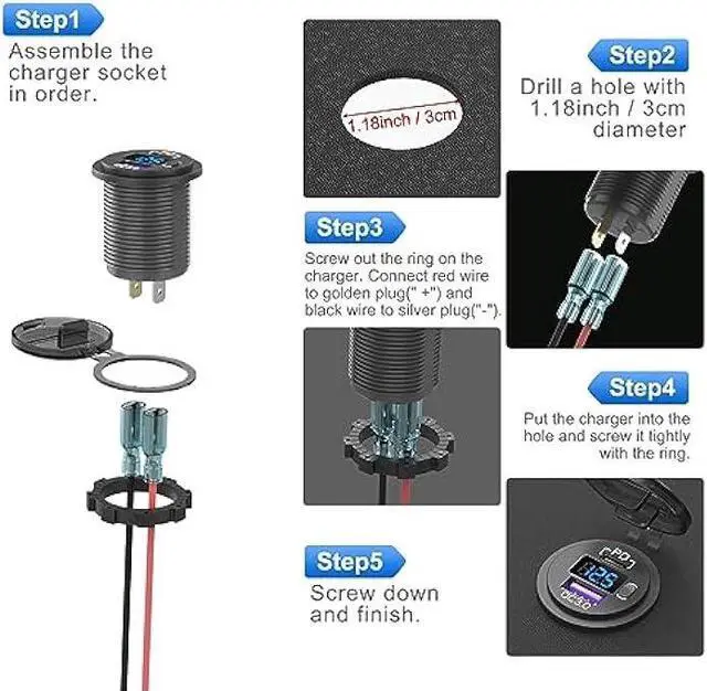 Alt view image 6 of 7 - 12V USB C Car Charger Socket, 38W 12V USB Cigarette Lighter Replacement with PD 3.0 and QC 3.0 Car USB Port, Waterproof 12 Volt USB Outlet with Power Switch Voltmeter for Car Marine Truck RV