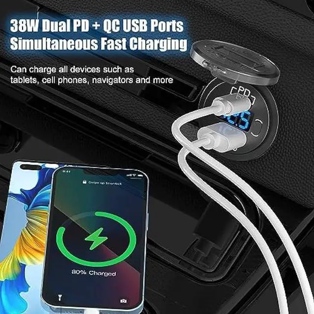 Alt view image 2 of 7 - 12V USB C Car Charger Socket, 38W 12V USB Cigarette Lighter Replacement with PD 3.0 and QC 3.0 Car USB Port, Waterproof 12 Volt USB Outlet with Power Switch Voltmeter for Car Marine Truck RV