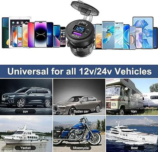Alt view image 7 of 7 - 12V USB C Car Charger Socket, 38W 12V USB Cigarette Lighter Replacement with PD 3.0 and QC 3.0 Car USB Port, Waterproof 12 Volt USB Outlet with Power Switch Voltmeter for Car Marine Truck RV