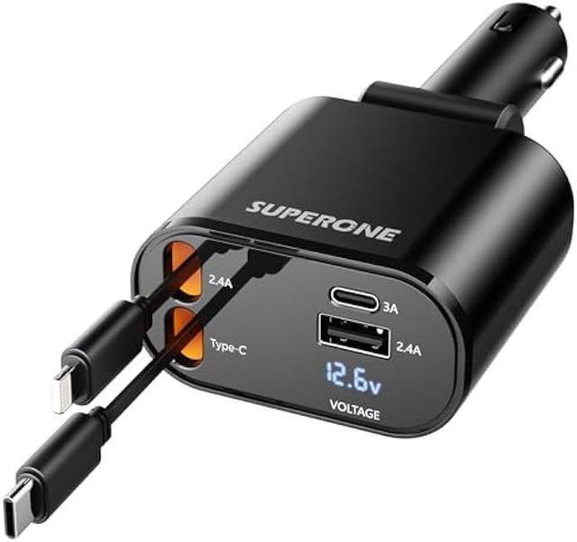 SUPERONE Retractable Car Charger 4 in 1, Super Fast Charge Car Phone Charger  with Cord 2.6ft, 2 USB Ports Car Charger Adapter, Compatible with iPhone  15/15 Pro Max/14/13/12/11, Galaxy S23/22, Pixel 