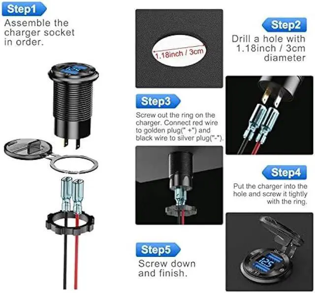 Alt view image 4 of 7 - 12V USB Outlet Wire Aluminum Car Charger Multi Port, Dual USB Quick Charge 3.0 Port and PD USB C Socket with Voltmeter Switch for Car Boat Marine Truck RV, Fast Charge for iPhone iPad Android Phones