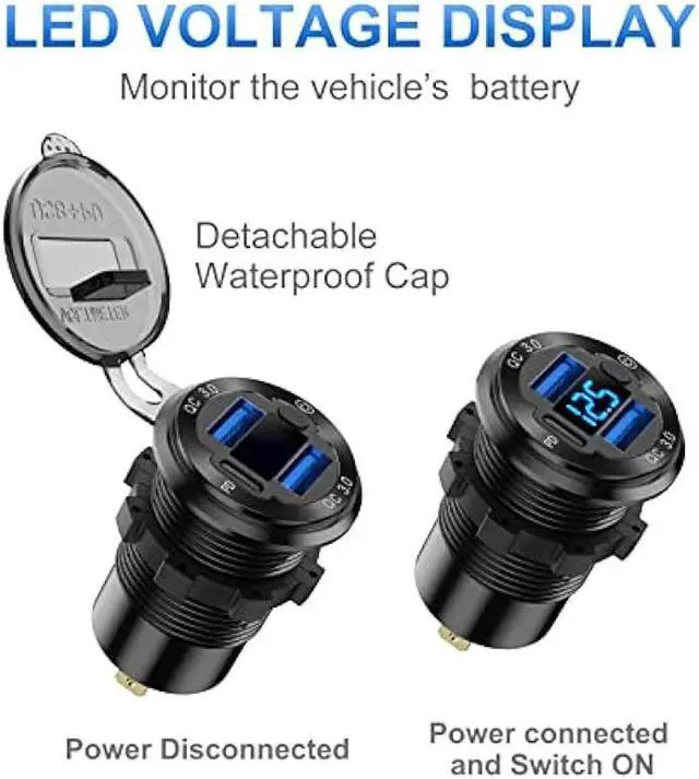 Alt view image 5 of 7 - 12V USB Outlet Wire Aluminum Car Charger Multi Port, Dual USB Quick Charge 3.0 Port and PD USB C Socket with Voltmeter Switch for Car Boat Marine Truck RV, Fast Charge for iPhone iPad Android Phones