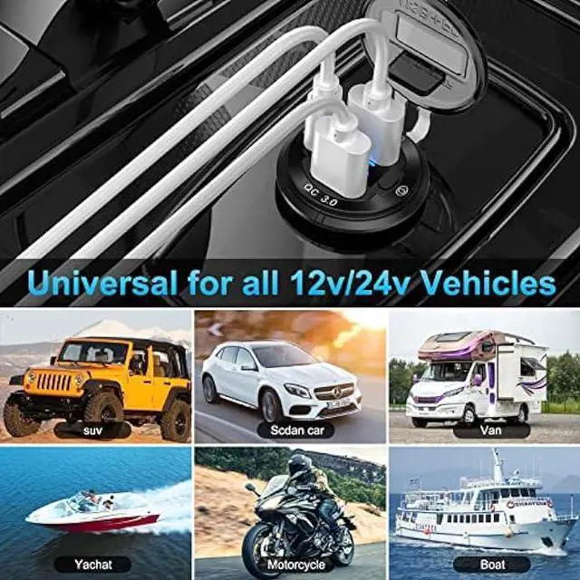 Alt view image 7 of 7 - 12V USB Outlet Wire Aluminum Car Charger Multi Port, Dual USB Quick Charge 3.0 Port and PD USB C Socket with Voltmeter Switch for Car Boat Marine Truck RV, Fast Charge for iPhone iPad Android Phones