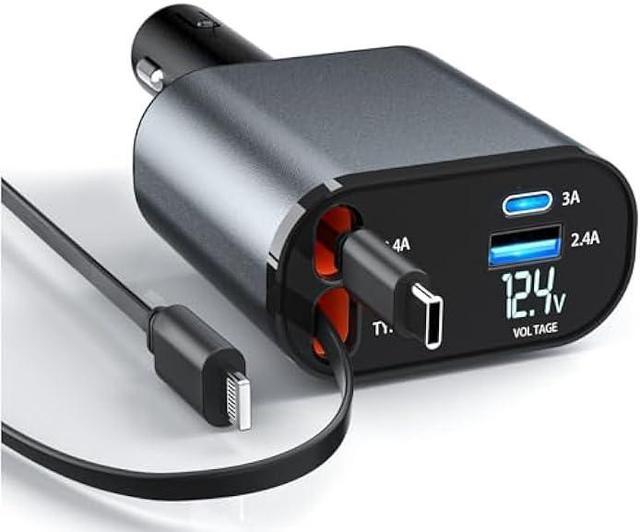 Retractable Car Charger 100W, 4 in 1 Fast Charging for iPhone