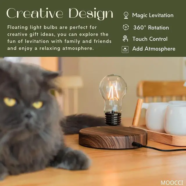 Alt view image 2 of 7 - MOOCCI Levitating Bulb Lamp, Magnetic Floating Night Light & Desk Decor, Unique Valentines Day Gift for Her and Him, Cool Tech Gadget for Home Office, Christmas Birthday Present (Round-Classic Bulb)