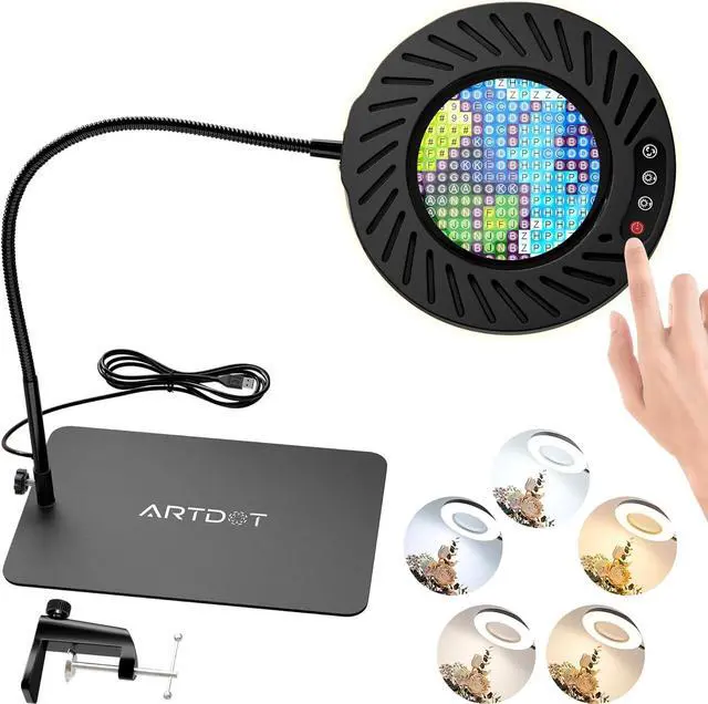 Main image of ARTDOT 10X Magnifying Glass with Light and Stand, 144 LEDs Desk Lamp with 5 Color Temperatures and 9 Levels Adjustable Brightness for Diamond Painting Accessories Crafts Reading Hobbies Close Work
