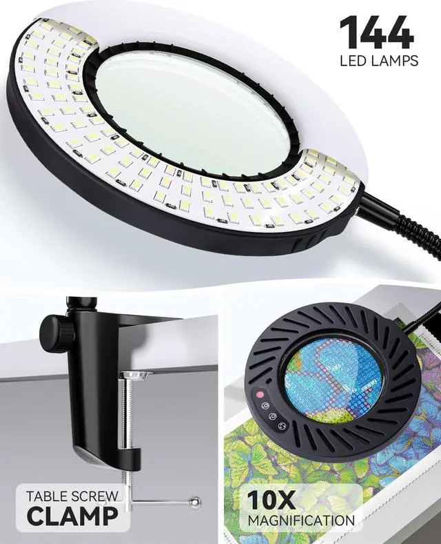 Alt view image 2 of 7 - ARTDOT 10X Magnifying Glass with Light and Stand, 144 LEDs Desk Lamp with 5 Color Temperatures and 9 Levels Adjustable Brightness for Diamond Painting Accessories Crafts Reading Hobbies Close Work