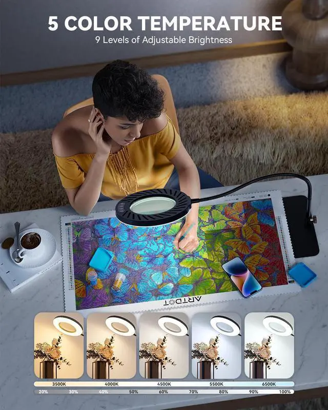Alt view image 4 of 7 - ARTDOT 10X Magnifying Glass with Light and Stand, 144 LEDs Desk Lamp with 5 Color Temperatures and 9 Levels Adjustable Brightness for Diamond Painting Accessories Crafts Reading Hobbies Close Work