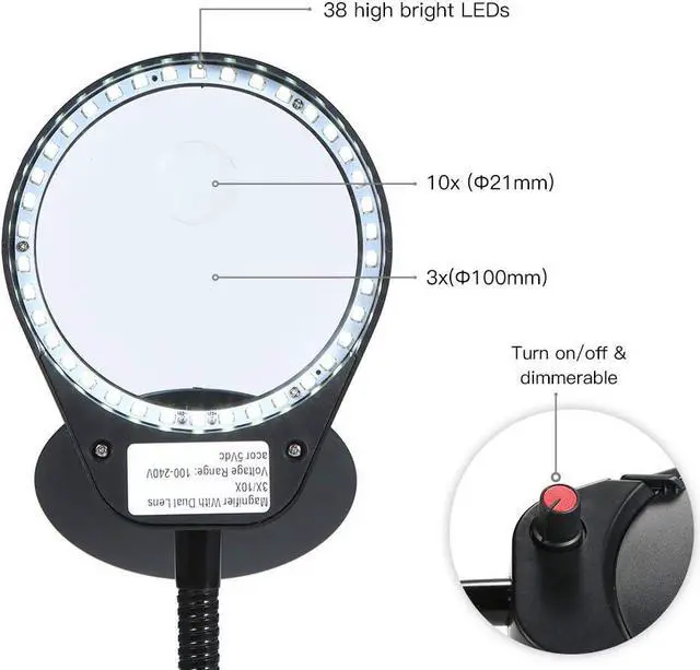 Alt view image 2 of 7 - Tom-shine Magnifying Glass Lamp 3X 10X,Stepless Dimmable LED Magnifying Lamp with Dust Cover Metal Clamp,Adjustable LED Magnifier with Light and Stand for Crafts Reading Workbench Close Work