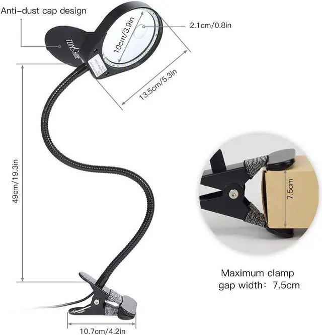 Alt view image 5 of 7 - Tom-shine Magnifying Glass Lamp 3X 10X,Stepless Dimmable LED Magnifying Lamp with Dust Cover Metal Clamp,Adjustable LED Magnifier with Light and Stand for Crafts Reading Workbench Close Work