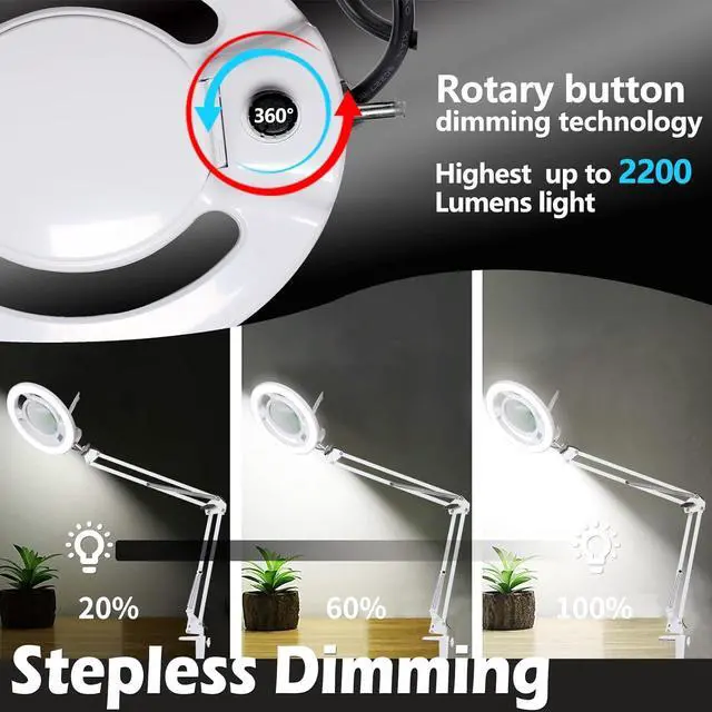 Alt view image 3 of 7 - 10X Magnifying Glass with Light,  2,200 Lumens LED Lamp Clamp, Stepless Dimmable Real Lens Magnifier, Adjustable Arm Workbench Light for Close Work Hobby Repair - White by DT
