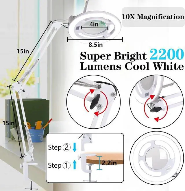 Alt view image 4 of 7 - 10X Magnifying Glass with Light,  2,200 Lumens LED Lamp Clamp, Stepless Dimmable Real Lens Magnifier, Adjustable Arm Workbench Light for Close Work Hobby Repair - White by DT