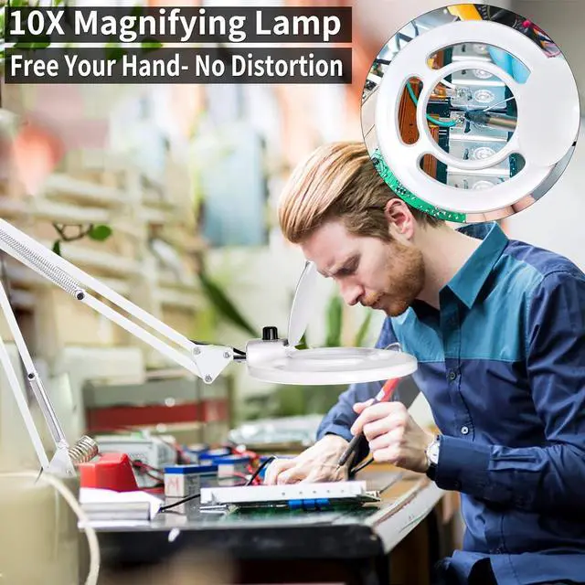 Alt view image 7 of 7 - 10X Magnifying Glass with Light,  2,200 Lumens LED Lamp Clamp, Stepless Dimmable Real Lens Magnifier, Adjustable Arm Workbench Light for Close Work Hobby Repair - White by DT
