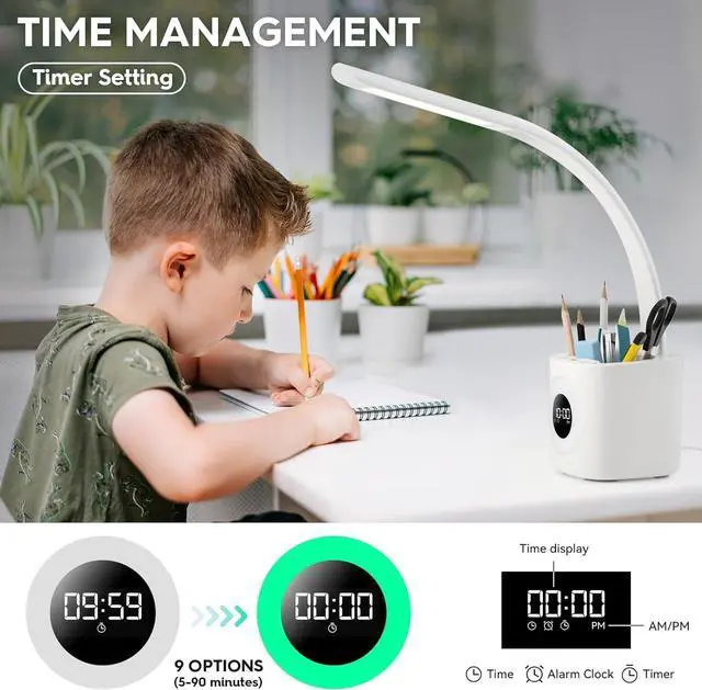 Alt view image 4 of 7 - Hokone Desk Lamp for Kids, LED Desk Light for Home Office Dimmable USB Table Lamps with Clock Pen Holder Adjustable Desk Lamps with Color Night Lamp,Children's Christmas Gifts White