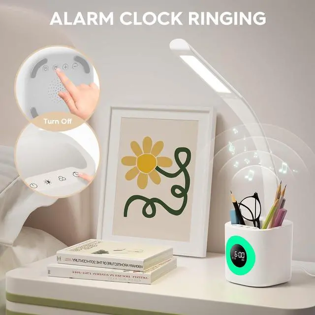 Alt view image 5 of 7 - Hokone Desk Lamp for Kids, LED Desk Light for Home Office Dimmable USB Table Lamps with Clock Pen Holder Adjustable Desk Lamps with Color Night Lamp,Children's Christmas Gifts White