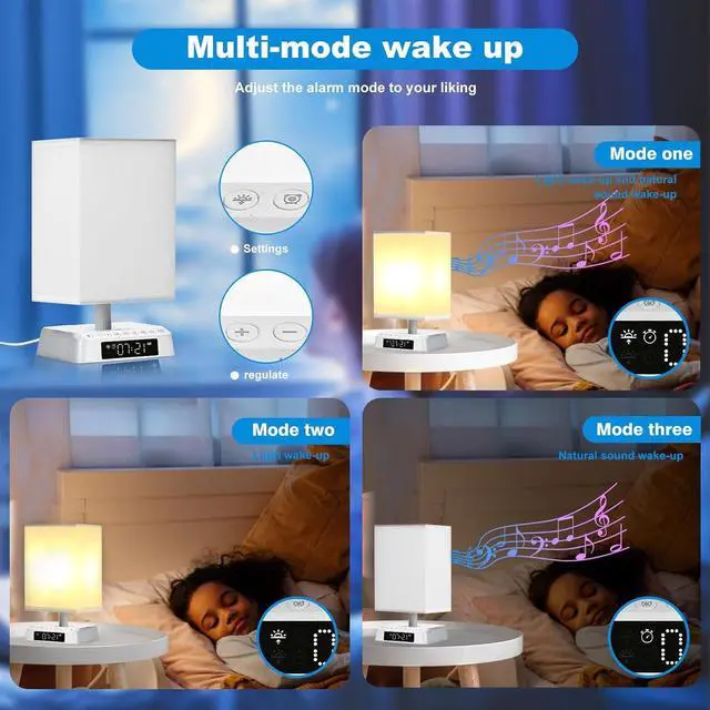 Alt view image 3 of 7 - Bedside Table Wake up Light Alarm Lamp APP Control Sound and Light Awakening Sunrise Alarm Clock lamp Bioclock Adjustment LED lamp Built-in White Noise nightstand Lamp 3 Color Adjustable