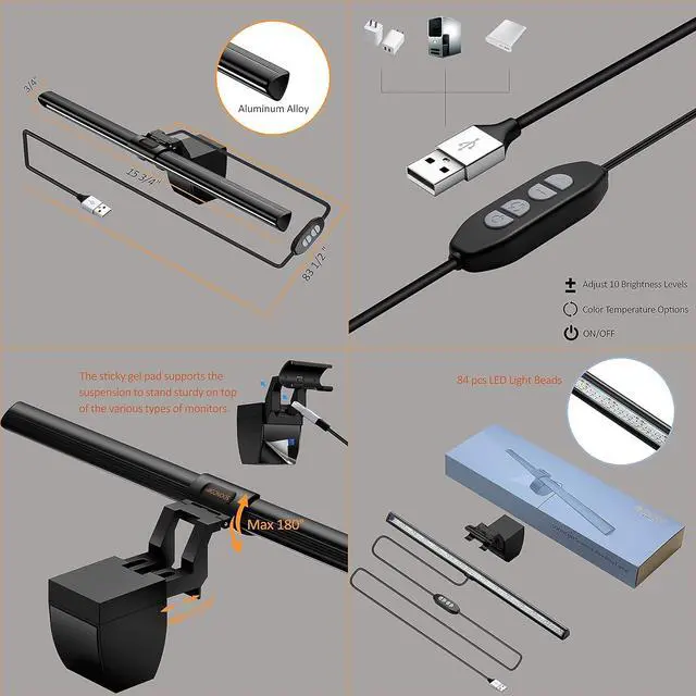 Alt view image 6 of 7 - Computer Monitor Light Screen Light Bar e-Reading LED Task Lamp, 3 Color Modes, USB Powered,No Screen Glare, Dimmable Desktop Monitor Lamp for Desk/Office/Home