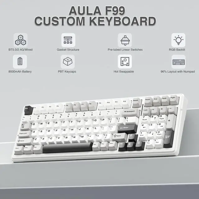 Alt view image 2 of 7 - AULA F99 Wireless Mechanical Keyboard,Tri-Mode BT5.0/2.4GHz/USB-C Hot Swappable Custom Keyboard,Pre-lubed Linear Switches,Gasket Structure,RGB Backlit Gaming Keyboard for PC/Tablet/PS/XBOX