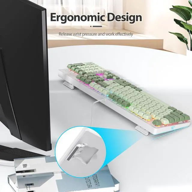 Alt view image 2 of 6 - Owpkeenthy Full Size Green Mechanical Gaming Keyboard with Number Pad, Wired 100% Office NKRO Keyboard RGB Backlit 104 Keys with Red Switch for PC Gamer (104 Matcha)