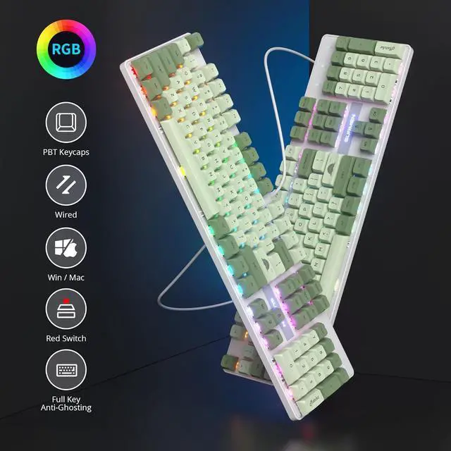 Alt view image 6 of 6 - Owpkeenthy Full Size Green Mechanical Gaming Keyboard with Number Pad, Wired 100% Office NKRO Keyboard RGB Backlit 104 Keys with Red Switch for PC Gamer (104 Matcha)