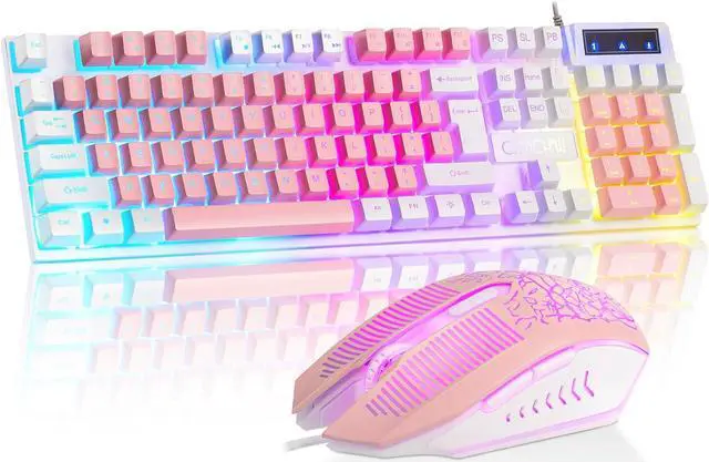 Main image of CHONCHOW Cute Pink Gaming Keyboard and Mouse Combo for Girl, 3 Color Backlit, 19 Keys Anti-ghosting with Kawaii RGB Light Up Mouse for PC Laptop Mac Computer PS4 and PS5, Women Girl - White & Pink
