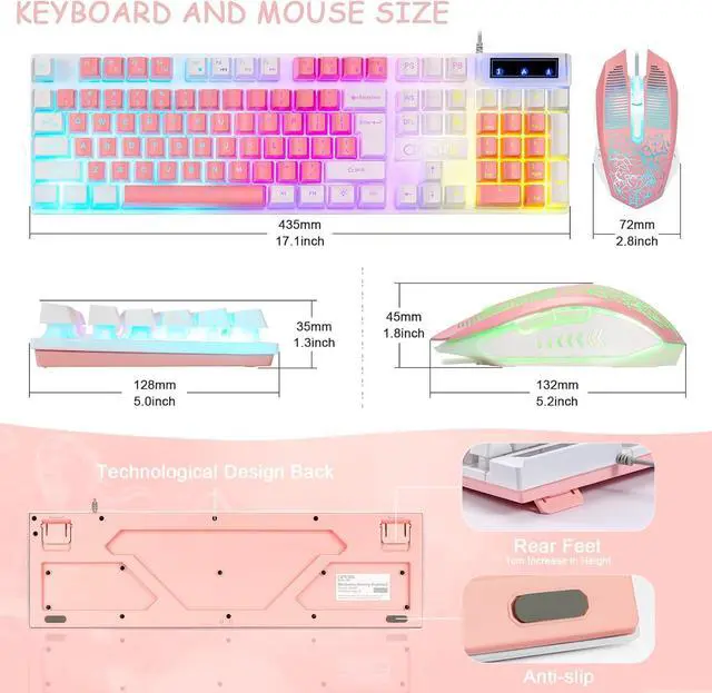Alt view image 2 of 7 - CHONCHOW Cute Pink Gaming Keyboard and Mouse Combo for Girl, 3 Color Backlit, 19 Keys Anti-ghosting with Kawaii RGB Light Up Mouse for PC Laptop Mac Computer PS4 and PS5, Women Girl - White & Pink